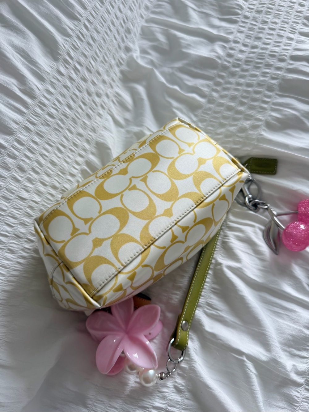 Vintage Coach Green & Cream Signature Monogram Nylon Demi Baguette Bag - Picture 8 of 10